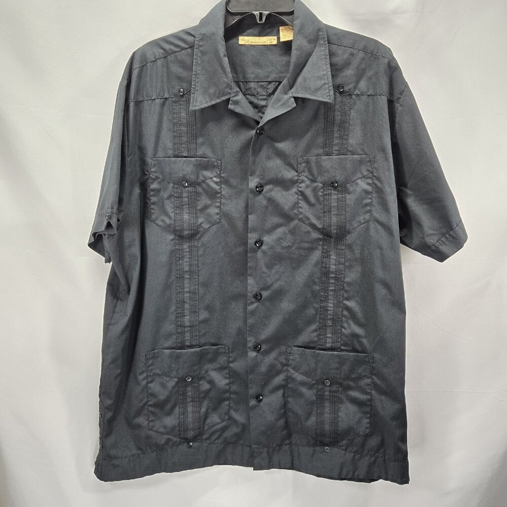The Havanera Co Men's LG Embroidered Panels Short Sleeve Black Linen shirt